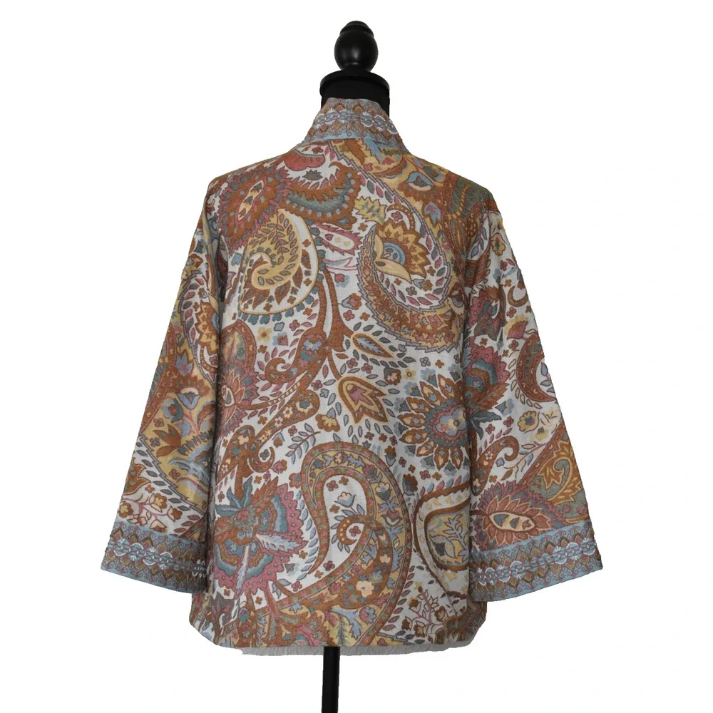 A5 NEW SOFT SURROUNDINGS Paisley Open Front Embroidered Trim Cardigan Size L